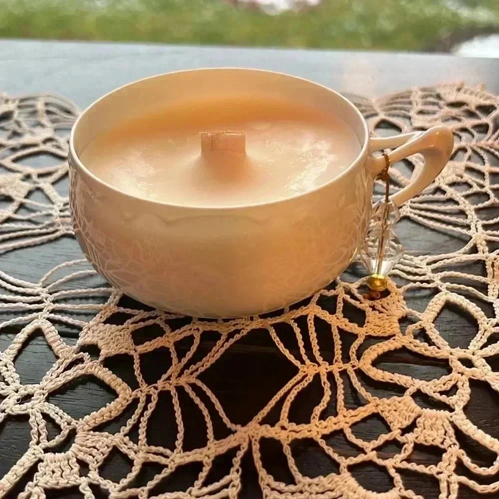 Hand Poured SoyCandle Upcycled Vintage Cup and Vintage Glass Bead Charm “Winter”